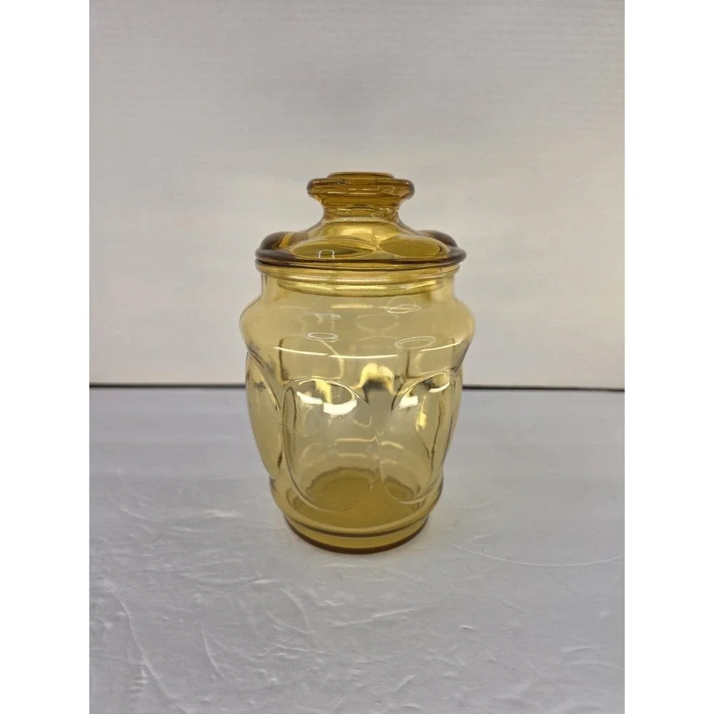 Vintage Amber Glass Apothecary Canister Jar w/ Faceted Lid Octagonal MCM Storage